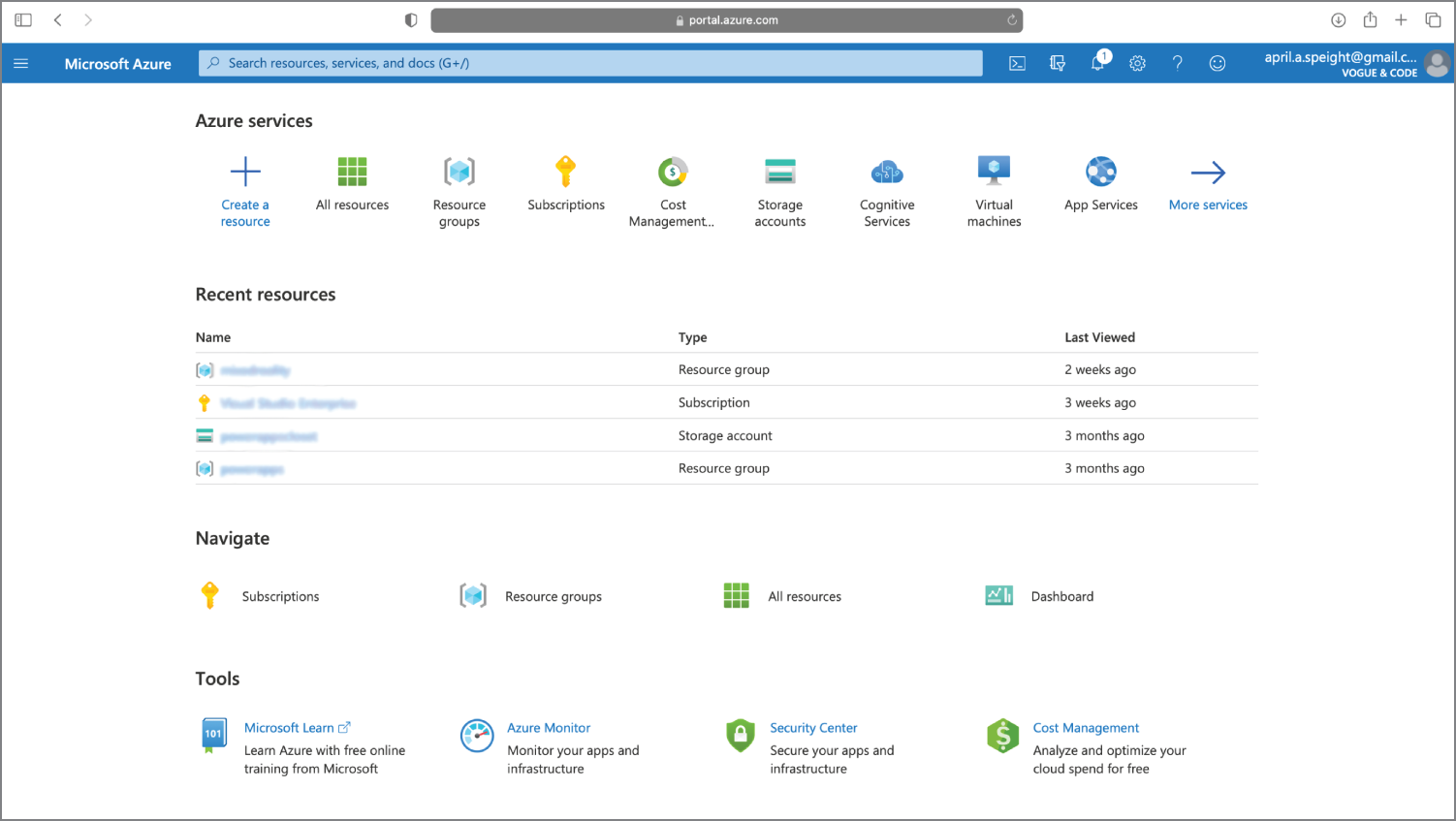 Snapshot of the home page for the Azure Portal.