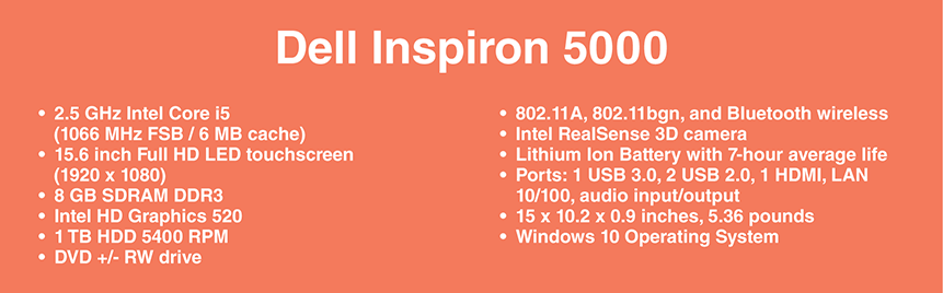 A screenshot represents the specifications of a Dell Inspiron 5000 laptop.