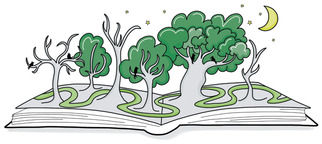 Illustration shows a forest popping out of an open book. It shows trees and a winding path and a crescent above.