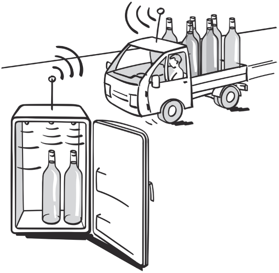 An open refrigerator with two bottles inside, communication wirelessly with a nearby moving van on the road carrying similar bottles. Antennae on top of the refrigerator and the van are both emitting radio signals.
