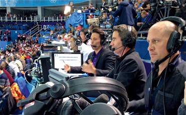 Figure 14.1 Former athletes are often chosen for the role of analyst since an in-depth knowledge of the sport is required. The commentator on the left is gold medalist Apollo Ono, commentating at the Sochi Winter Olympics.