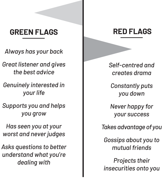 A representation exposes the green flags versus red flags of friendship.