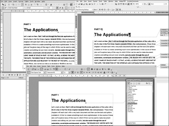 The same document opened in MS Word, OpenOffice.org for Windows, and OpenOffice.org for Linux