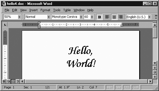“Hello, World!” document viewed in MSWord