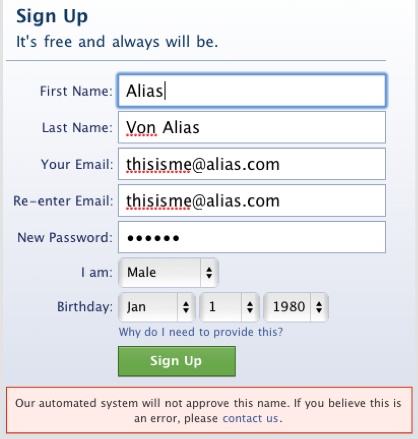 Facebook signup screen, preventing an invalid user from creating an account