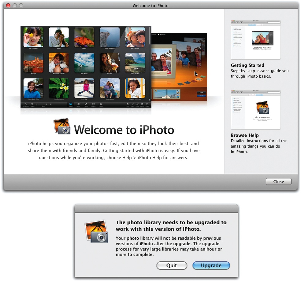 Top: This message pops up to get you all excited about your voyage into the not-so-unknown.Bottom: If you’re upgrading from an earlier version of iPhoto, this warning is the first thing you see when you launch iPhoto. Once you click Upgrade, there’s no going back—your photo library will no longer be readable in previous versions of the program.