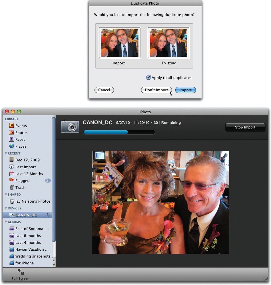 Top: You may sometimes see the “Duplicate Photo” message. iPhoto notices the arrival of duplicates (even if you’ve edited or rotated the first copy) and offers you the option of downloading them again, resulting in duplicates on your Mac, or ignoring them and importing only the new photos from your camera.Bottom: As the pictures get slurped into your Mac, iPhoto shows them to you, nice and big, as a sort of slideshow. You can see right away which ones were your hits, which were your misses, and which you’ll want to delete the instant the importing process is complete.