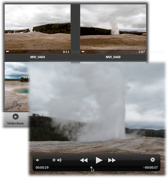 Top: The first frame of each video clip shows up as though it’s a photo in your library; only a little camera icon and the total running time let you know that it’s a movie and not a still image.Bottom: Double-click a movie in iPhoto ‘11 to open it up at full size and play it. iPhoto is no iMovie, though; you can view and trim the length of the movie, but that’s it (you can’t rotate movies or edit specific scenes, for example). See Chapter 10 for details on editing them in iMovie, or trimming them with iPhoto and QuickTime Player X.It’s nice to see Old Faithful is still being faithful!
