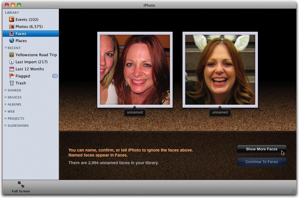 If you’ve never used Faces before, this is the first screen you’ll see. Now that iPhoto has plowed through your photo library detecting faces in your pictures, you can start telling it to whom those faces belong…all 2,994 of ‘em.
