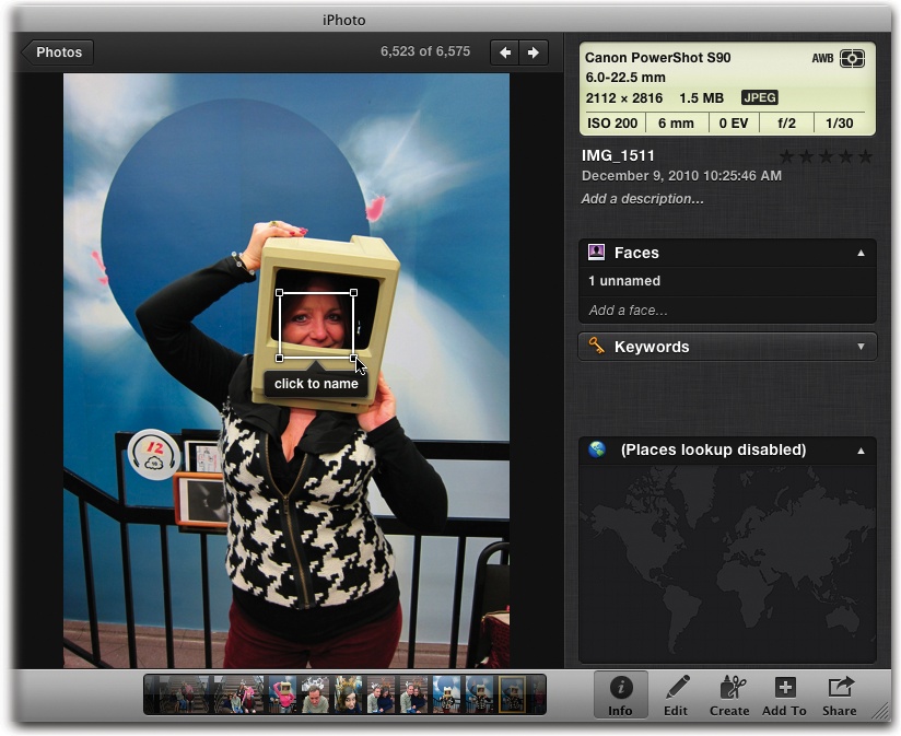 If iPhoto can’t find a face—say, because you’ve got an old Mac 512k box on your head!—click “Add a face” in the Info panel. When you do, iPhoto displays a little white square that you can resize and position around your subject’s face. When you get it just right, click the text field below the square and type the person’s name.And yes, this kind of silliness really does take place at Mac User Group parties worldwide.