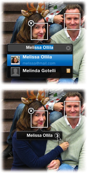 Top: Once you tag a few faces, iPhoto builds a library of names. When you start typing to identify a face, the program cheerfully offers a list of past names as well as those from your Mac OS X Address Book. Click the correct name or hit the key until you get to it, and then press Return to select it.Bottom: The after the name is your shortcut to the rest of this person’s Faces album. Click it to jump there. Once you land, you can always confirm the name on a few more photos iPhoto thinks this person is in (page 99).