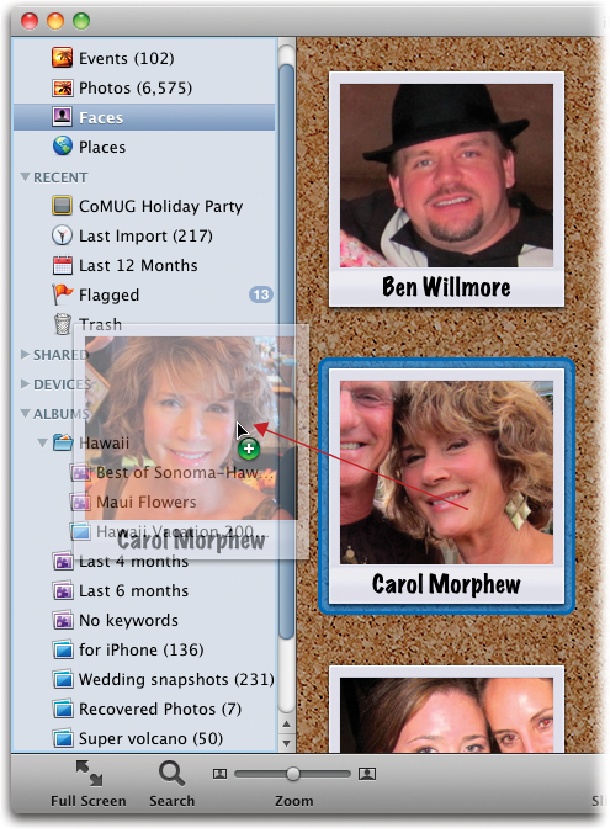 Drag any snapshot onto a blank spot in your Source list, as shown here, to make a new smart album for that person. You can also drag a snapshot onto an existing smart album icon to make one that corrals photos of both people, which is handy for creating gift projects like books or calendars.