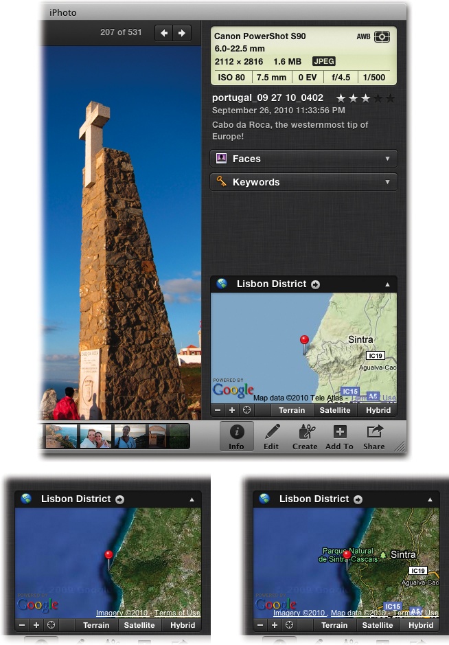 Top: A photo’s Info panel can store quite a bit of information about it—like names, dates, and ratings—which you can use for searching or making smart albums.Bottom: You also get a choice of map styles, as shown here. The left image shows Satellite view, and the right Hybrid view (the top image shows Terrain view).