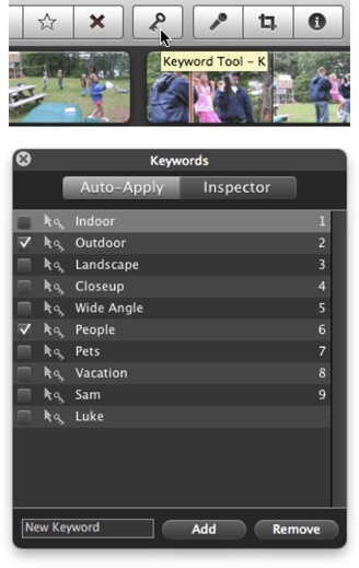 When you turn on Advanced Tools, the Keywords button appears (top). Click it to open the Keywords window (bottom). You can now “paint” a selected keyword, or several, onto a filmstrip, using the Auto-Apply tab. Or, on the Inspector tab, you can select some video on the filmstrip first and then turn on the relevant keyword checkboxes.