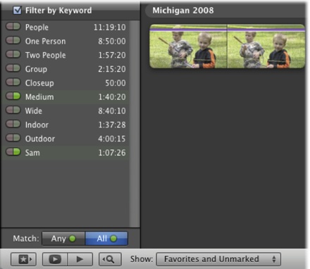 As long as you have the master switch turned on (“Filter by Keyword”), the traffic lights hide or show the video with matching keywords. When you turn “Filter by Keyword” off, the Event browser shows everything, regardless of keywords. In this case, the selected keywords filter the clips to show us only medium shots with Sam in them.