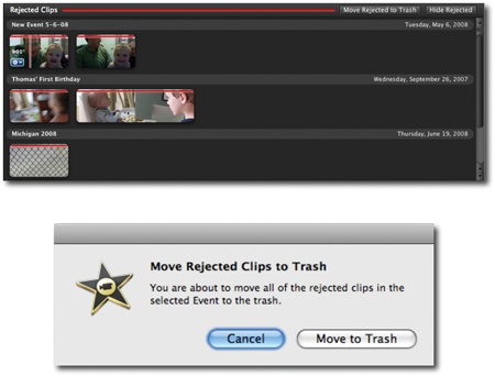 Top: The Rejected Clips window shows you everything you destined for the cutting-room floor. Here’s your last chance to look it over before deleting it forever.Bottom: When you click “Move Rejected to Trash,” this confirmation box appears. Click “Move to Trash.”