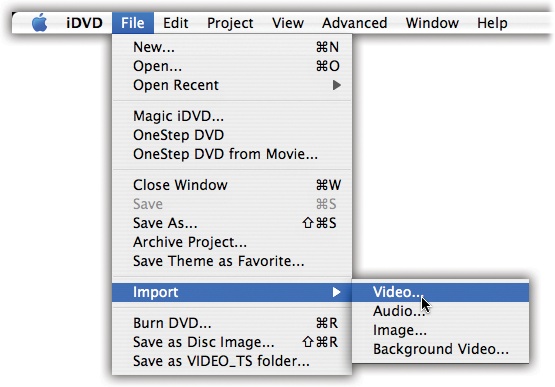 When you choose File→Import→ Video, the Open File dialog box appears so you can navigate to a movie and select it. (You can’t select more than one movie at a time.) When you click Import, iDVD loads the movie and adds it to the “drawer” of media files on the right side of the screen (see Figure 18-3 for a close-up of the drawer in action).