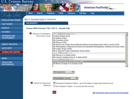 The Census Bureau page containing all census tracts data; Pennsylvania and Philadelphia County are selected from the drop-down menu