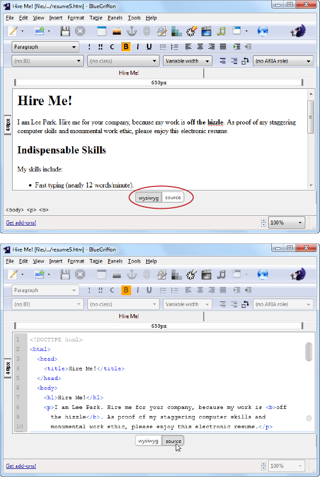 Top: Instead of making you work with raw HTML, BlueGriffon’s WYSIWYG view lets you format text just as you would in a word processor. To switch from one view to another, use the tabs at the bottom of the window (circled).Bottom: To fine-tune your HTML markup, switch to the Source view. BlueGriffon gives you handy line numbers for reference and color-codes your HTML elements.