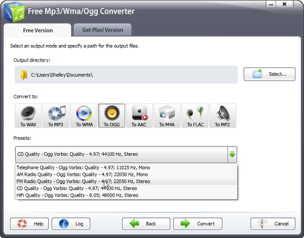 Selecting Ogg container and Vorbis codec, as well as quality in Free Mp3/Wma/Ogg converter