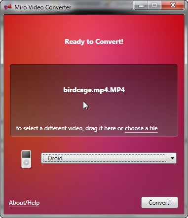 After selecting the Android Droid preset in Miro Video Converter