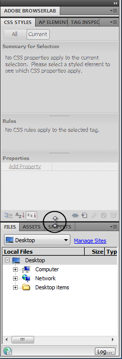 Make a panel taller or shorter by dragging the thick line separating two panels (circled). The options in some panels, like the CSS Styles panel here, are dimmed if you donât have a web page open. You can also minimize a panel group by clicking its tab. For example, clicking the âFilesâ tab in this figure hides the Files panel (the list of files), and expands the CSS Styles panelâa good technique if you need more space for a particular panel.