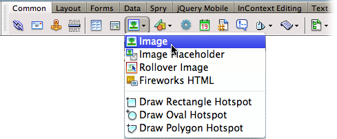 Some of the buttons on Dreamweaverâs Insert bar do double duty as menus (the ones with the small, black, down-pointing arrows). Once you select an option from the menu (in this case, the Image object), it becomes the buttonâs current setting. If you want to insert the same object again (in this case, an image), you donât need to use the menu againâjust click the button.