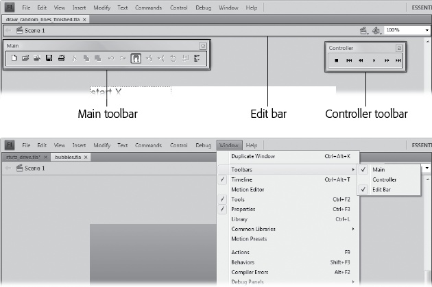 Top: To conserve space on Flash’s jam-packed desktop, only one toolbar—the Edit bar—appears automatically. It’s positioned directly above the stage. To display the other two, select Window→Toolbars→Main (to display the Main toolbar, Windows only) and Window→Toolbars→Controller (to display the Controller window).Bottom: The checkmarks on the menu show when a toolbar is turned on. Choose the toolbar’s name again to remove the checkmark and hide the toolbar.