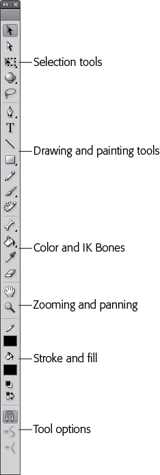 The Tools panel groups tools by different drawing chores. Selection and Transform tools are at the top, followed by Drawing tools. Next are the IK Bones tool and the Color tools. The View tools are for zooming and panning. The Color tools include two swatches, one for strokes and one for fills. At the bottom you find the Options buttons, which change depending on the drawing tool you’ve selected. If you like, you can drag the docked Tools panel away from the edge of the workspace and turn it into a floating panel.