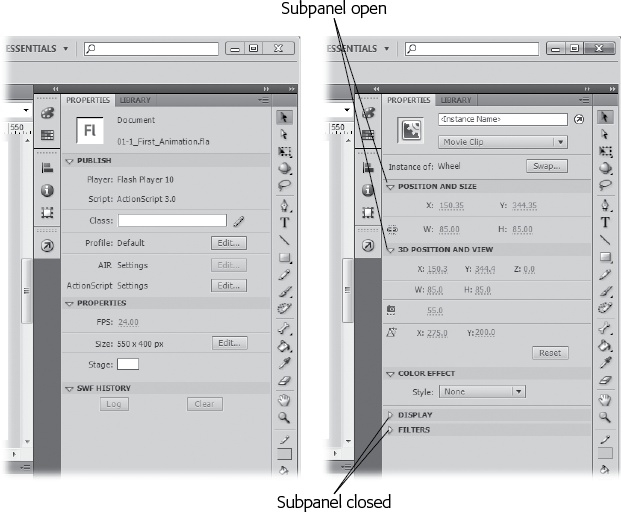 Left: When you first open a document, the Properties panel shows property settings for the document.Right: Select the wheel in the document, and you see its properties. Click the triangle buttons to expand and collapse the subpanels.