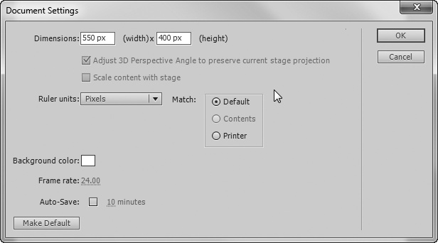 The Document Settings dialog box puts several related settings in one place. At the top are the document’s dimensions. In the lower-left corner are settings for the stage’s background color and the frame rate. Click “Ruler units” to choose among Inches, Points, Centimeters, Millimeters, and Pixels.