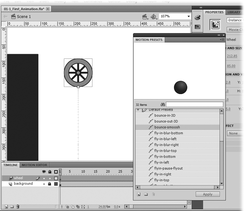 The Motion Presets window has two folders. The one called Default Presets (shown open here) holds presets designed by Adobe. The other folder holds presets that you design and save. The “tail” hanging down from the wheel is the motion path.