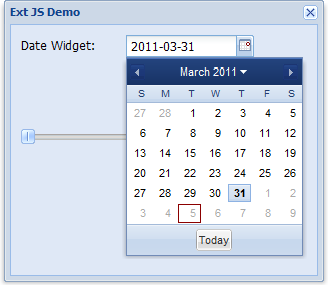 Ext JS window object, date picker, and slider (partially obscured)