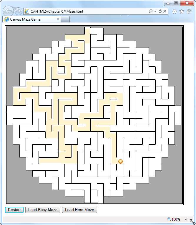 In the dark old days of the Web (in other words, last year), you had to build your web page games with a browser plug-in like Flash. But with HTML5’s new features, including the canvas (shown here), you can use trusty, plug-in-free JavaScript. Here, HTML5 powers a maze game that you’ll dissect in Chapter 7.
