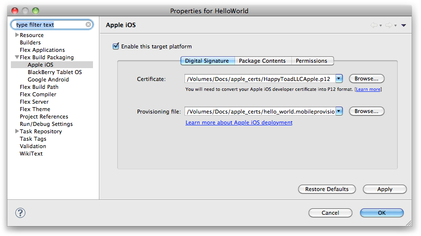 Configure certificate and provisioning file