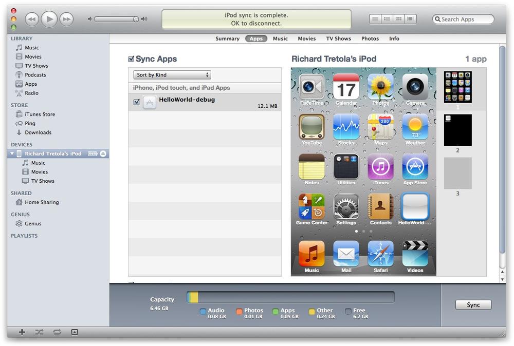HelloWorld-debug installed on iPod