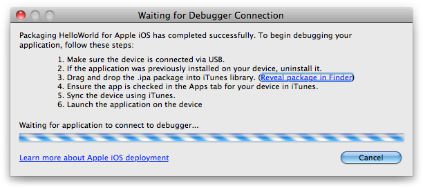 Waiting for Debugger Connection window