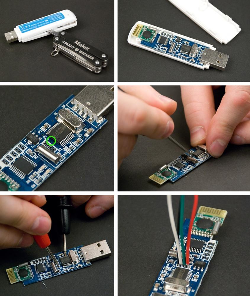 Hacking the dongle: remove the cover; destroy the connection marked with green circle; confirm you’ve broken the connection with multimeter; solder wires to dongle