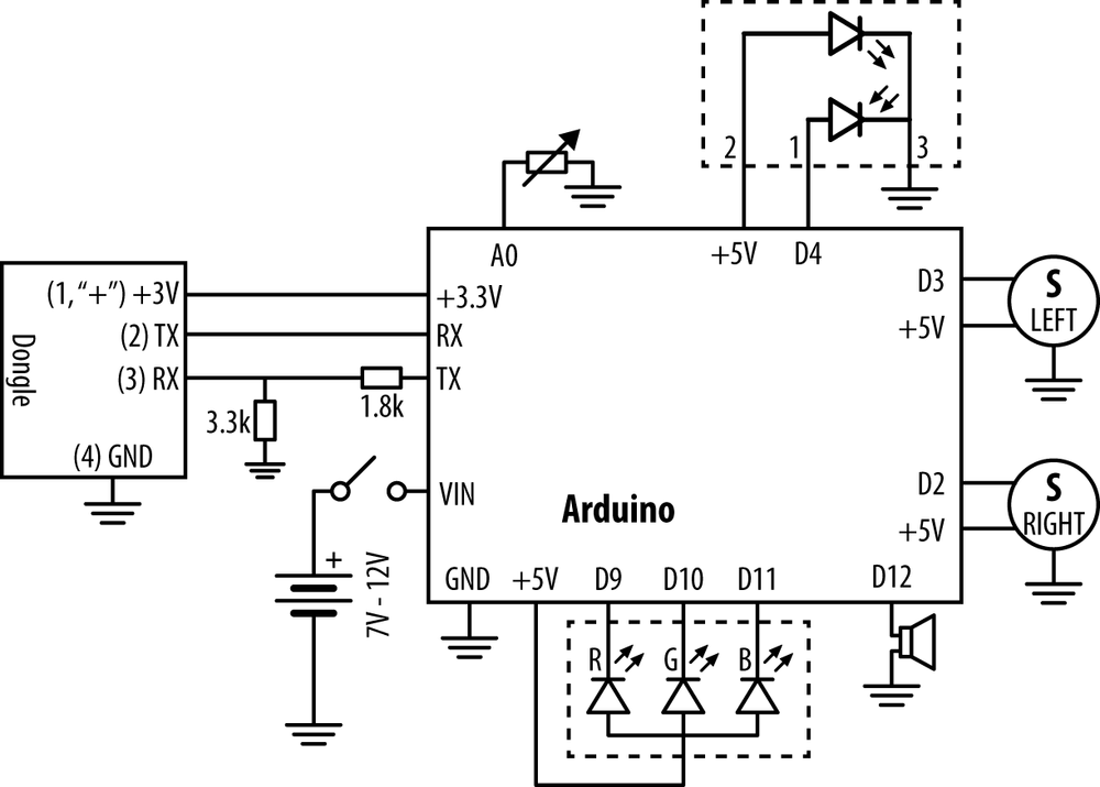 Circuit diagram for complete robot, mindcontrol.pde