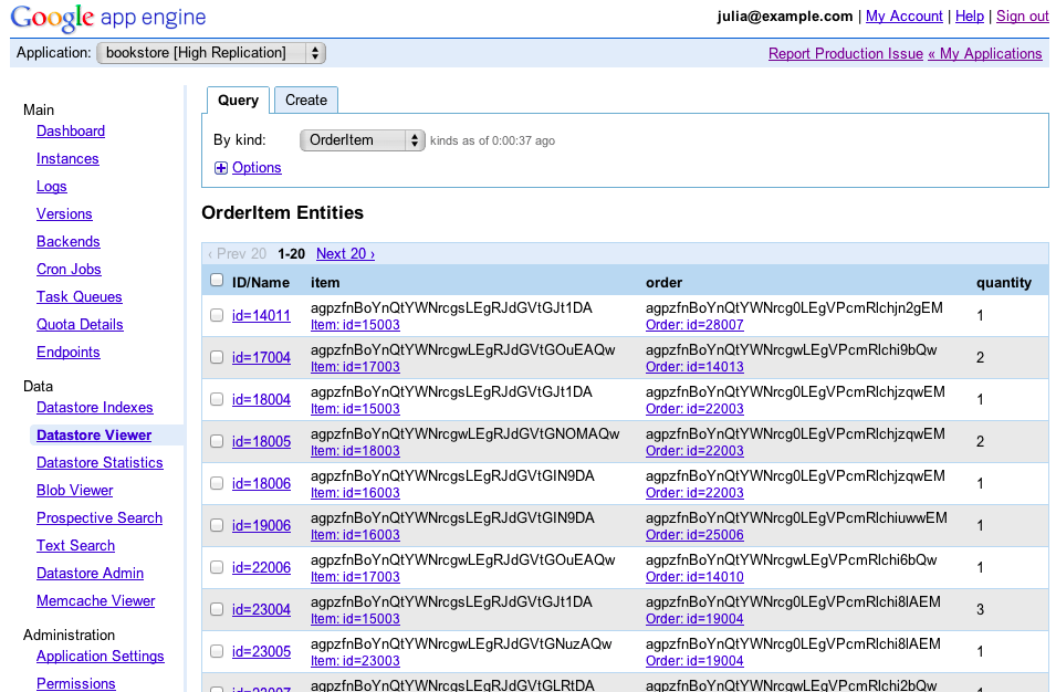 The Datastore Viewer panel of the Administration Console