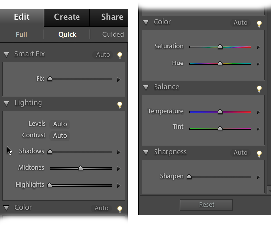 Here are all the ways you can enhance your photos with Quick Fix. The left figure shows the top part of the Panel bin; the right, the bottom part. Besides these handy tools, you can also use most of the Full Edit menu commands if you need something more than the Panel bin provides.