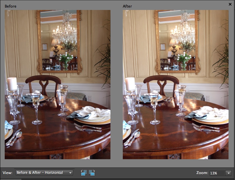 The Quick Fix window’s before-and-after views make it easy to see how you’re changing your photo. Here you see “Before and After - Horizontal,” which displays the views side by side. To see them one above the other, choose “Before and After - Vertical” instead. If you want a more detailed view, use the Zoom tool to focus on just a portion of your picture.