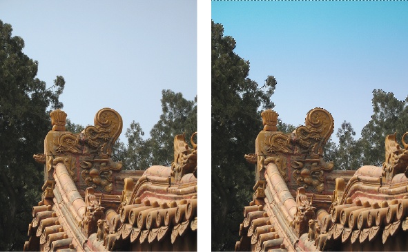 The Touch Up tools can help punch up the sky color in your photos—sometimes.Left: Smog makes the sky in this photo look really dull.Right: One quick drag across the sky with the Make Dull Skies Blue tool produces a much more vivid sky—maybe even too vivid (and a tad green). Elements used a gradient (see page 460) to give a more realistic shading to the new color.