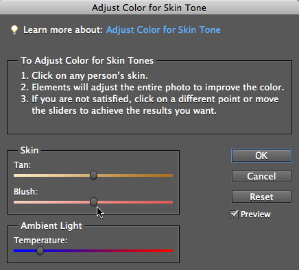 When this dialog box appears, your cursor turns into a little eyedropper when you move it over your photo. Just click the best-looking area of skin you can find. Clicking different spots gives different results, so you may want to experiment by clicking various places.You won’t see any sliders in the tracks until you click. After Elements adjusts the photo based on your click, sliders appear that you can use to fine-tune the results.