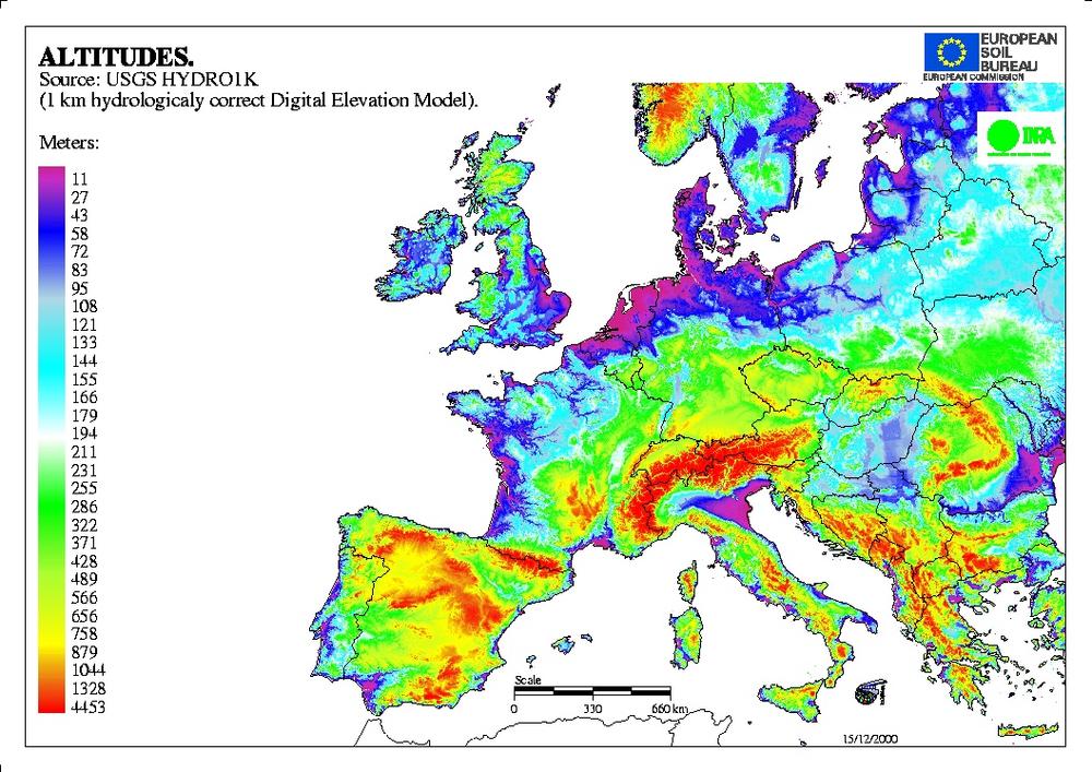 A rainbow encoding leads to a map that is very difficult to understand. Does red mean the Alps are hotter than the rest of Europe?