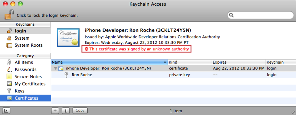 The default keychain without the âWWDR intermediate certificateâ installed