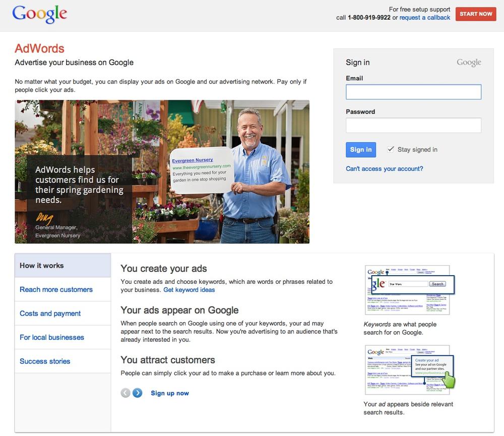 Click the red “Start Now” button at the top right corner to create an AdWords account