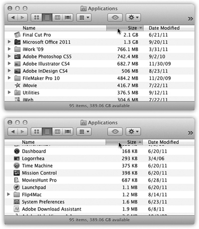You control the sorting order of a list view by clicking the column headings (top). Click a second time to reverse the sorting order (bottom). You’ll find the or triangles—indicating the identical information—in email programs, iTunes, and anywhere else where reversing the sorting order of a list can be useful.