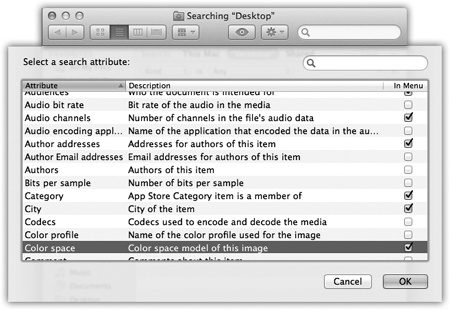 Here’s the master list of search criteria. Turn on the In Menu checkboxes of the ones you’ll want to reuse often, as described in the box on the facing page. Once you’ve added some of these search criteria to the menu, you’ll get an appropriate set of “find what?” controls (“Greater than” and “Less than” pop-up menus, for example).