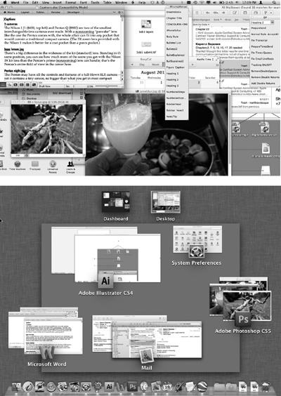 Top: Quick! Where’s System Preferences in all this mess?Bottom: With a three-finger upward swipe on the trackpad, you can spot that window, shrunken but not overlapped. Each program’s thumbnail cluster offers an icon and a label to help you identify it. These aren’t static snapshots of the windows at the moment you Mission Controlled them. They’re live, still-updating windows, as you’ll discover if one of them contains a playing QuickTime movie or a Web page that’s still loading.